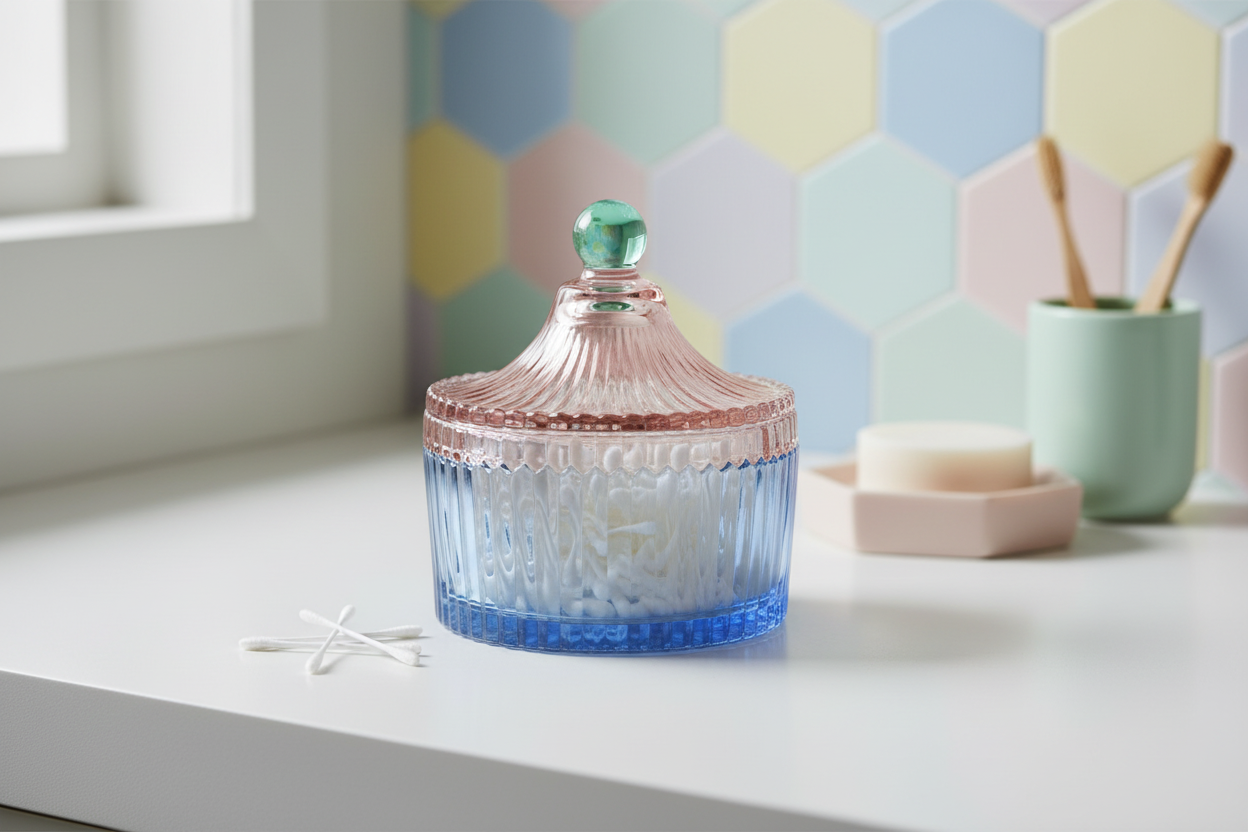 Glas krukke m. låg - Blå/rosa