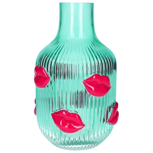 Blå l'amour Lips vase  - Tyrkis og pink - Glasvase til blomster med kys på - Kulora 