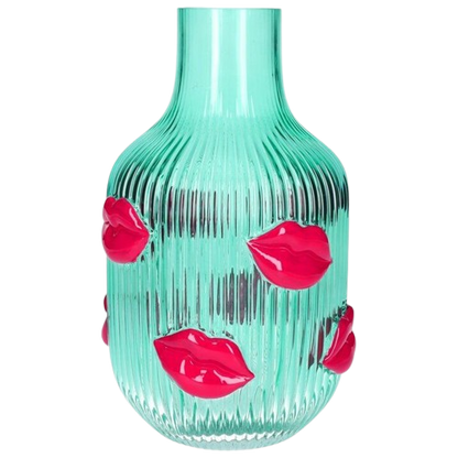 Blå l'amour Lips vase  - Tyrkis og pink - Glasvase til blomster med kys på - Kulora 