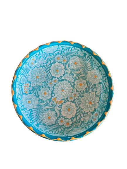 Florencia Low Bowl - Tyrkis/gul - Keramik skål med blomstermotiv - Kulora