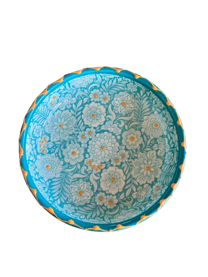 Florencia Low Bowl - Tyrkis/gul - Keramik skål med blomstermotiv - Kulora