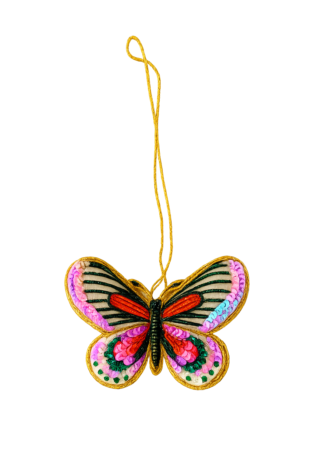 Ornament af en sommerfugl - Pink, grø, rød og guld - Til at hænge - Kulora
