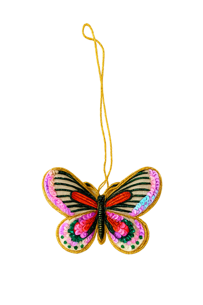 Ornament af en sommerfugl - Pink, grø, rød og guld - Til at hænge - Kulora