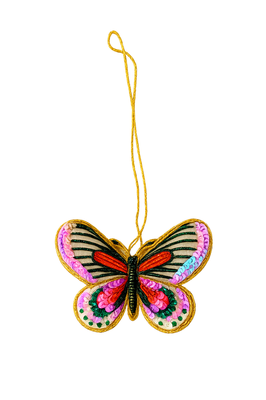 Ornament af en sommerfugl - Pink, grø, rød og guld - Til at hænge - Kulora