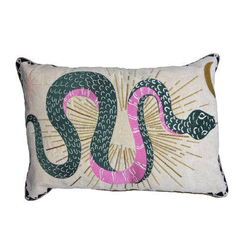 Inked Snake Cushion - Pink/Grøn/Guld/Hvid - Kulora