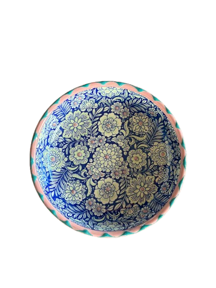 Florencia Low Bowl - Kobolt blå/rosa - Keramikskål med blomstermotiv - Kulora